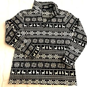 Lands’ End Fair Isle Pullover Fleece Sz Med 🖤🤍 Black & White & Cozy!